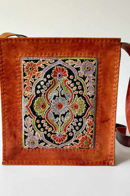 Intricate Embroidery Camel Leather Handbag